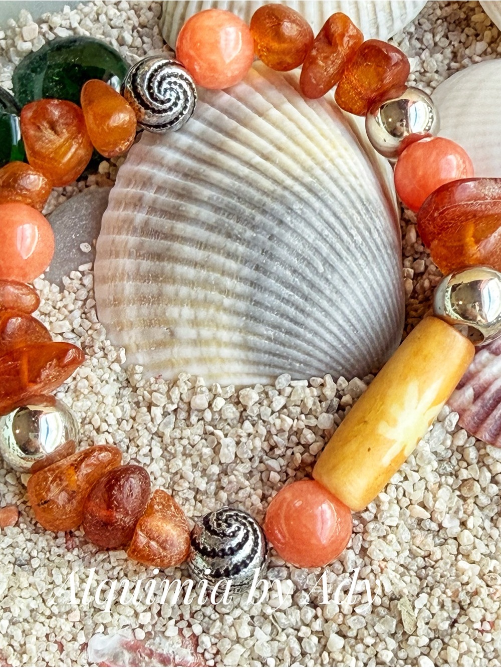 Orange jade, bone , Amber & Silver Beaded Bracelet